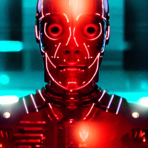 Image similar to movie still of cyborg with glowing third eye, cinematic composition, cinematic light, criterion collection, by david lynch