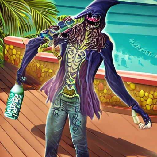 Image similar to undead lich holding a soda can by a pool, summertime, advertisement for energy drink, chlorine, energy drink commercial, detailed, hyperrealistic