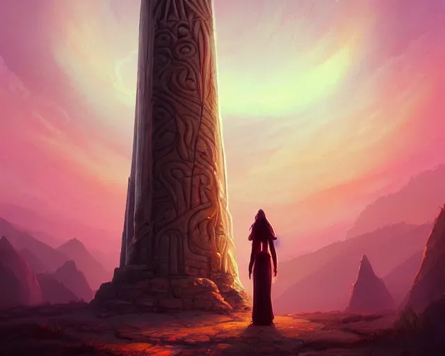 Prompt: nature priestess standing at a glowing obelisk etched with burning inscriptions, fantasy art by marc simonetti, artgerm, artstation, celestial mountain grove, moonlight, sylvain sarrailh