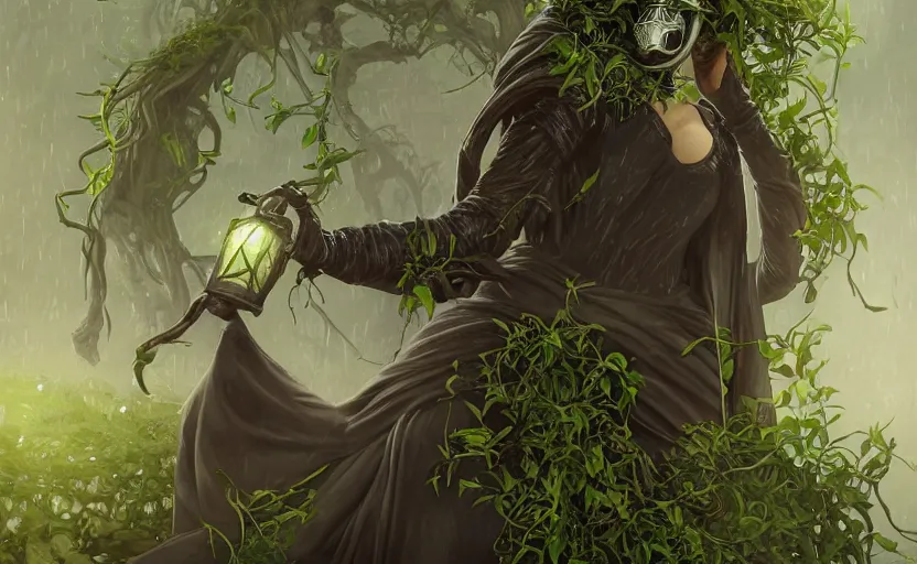 Image similar to female plague doctor overgrown by plants, creeping ivy, drowning, heavy rain, wind, thunder, reflections, deep focus, d & d, fantasy, intricate, elegant, highly detailed, digital painting, artstation, concept art, matte, sharp focus, illustration, hearthstone, art by artgerm and greg rutkowski and alphonse mucha