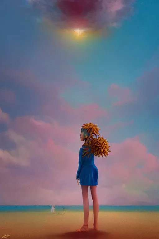 Image similar to closeup giant dahlia flower head, girl standing on beach, surreal photography, blue sky, sunrise, dramatic light, impressionist painting, digital painting, artstation, simon stalenhag