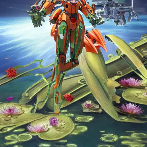 Image similar to amphibious submarine mecha with waterlily elements, flower sepals forming helmet, evangelion, nymphaea, 8 k hd resolution, barbatos gundam, bandai box art, star wars, makoto kobayashi, frank gehry, raymond swanland