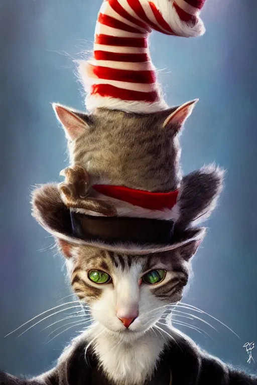 Prompt: complex 3 d render, hyper detailed, ultra sharp of the cat in the hat, scary, cinematic, natural soft light, rim light, art by greg rutkowski and artgerm and dr seuss