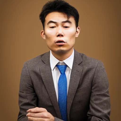 Image similar to asian man in suit and yellow tie distraught wearing birthday hat, realistic photo, portrait, sitting down, office setting