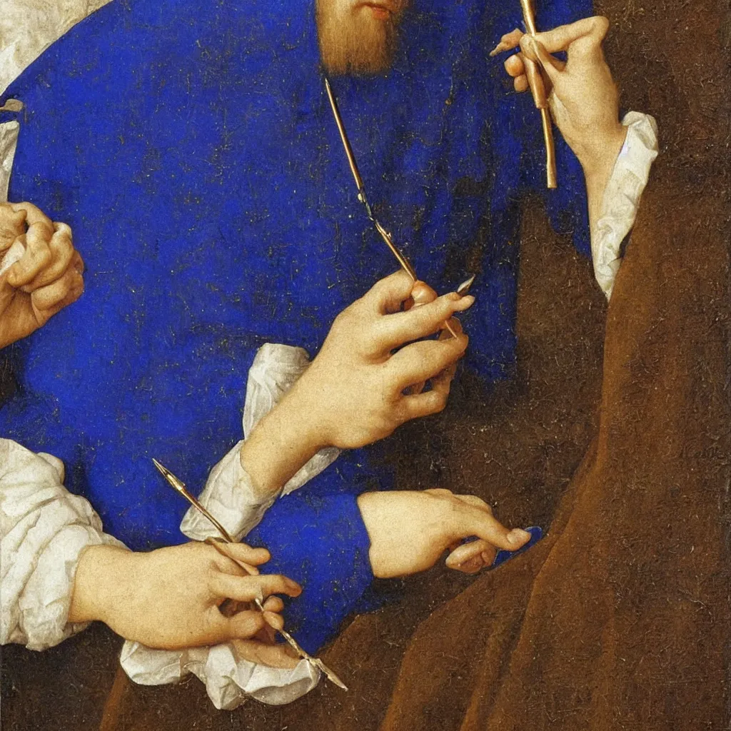 Image similar to close up of the artist hands painting a miniature, lapis - lazuli. painting by jan van eyck