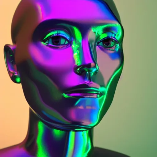 Image similar to 3d render of holographic human robotic head made of glossy iridescent, surrealistic 3d illustration of a human face non-binary, non binary model, 3d model human, cryengine, made of holographic texture, holographic material, holographic rainbow, concept of cyborg and artificial intelligence