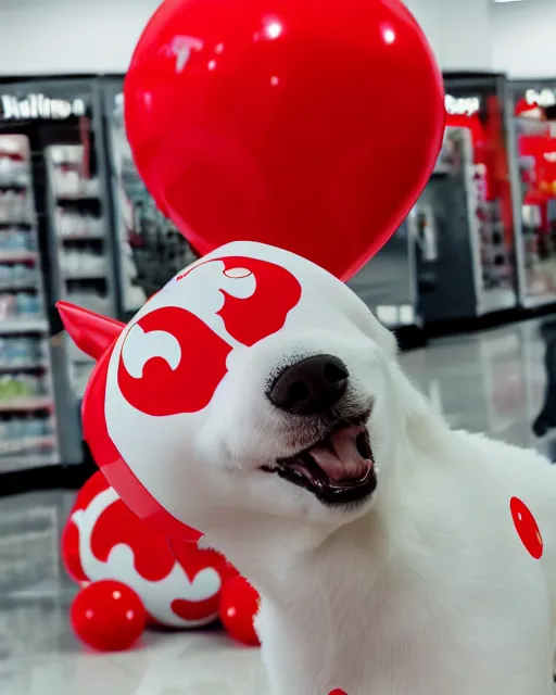 Prompt: target mascot 3d dog happily surrounded by target logo and red balloons artistic ad campaign photo Leica Zeiss