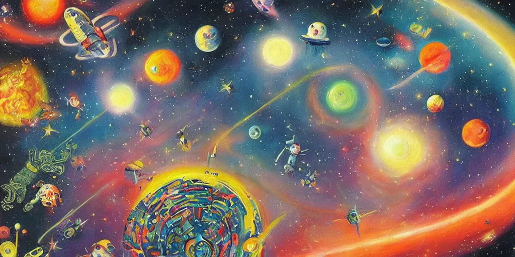 Prompt: a beautiful painting of an elaborate space scene painted by bosch and lisa frank, detailed