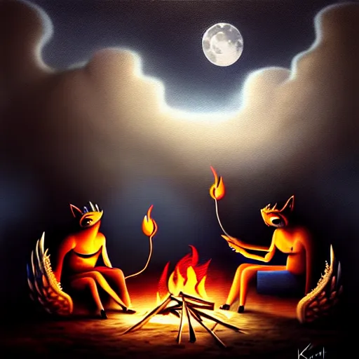 Image similar to strange mythical beasts of sitting around a fire under a full moon, surreal dark uncanny painting by ronny khalil