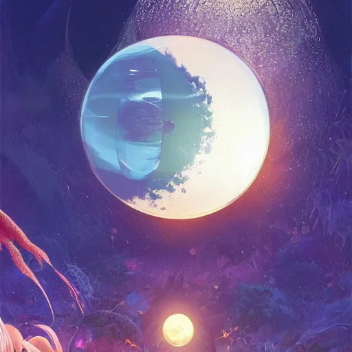 Prompt: a sphere aquarium with koi fish inside it. the aquarium is floating in space, in the size of a planet. the moon is in the background. illustration, digital art, realistic, by greg rutkowski and ash thorp, vivid colors, detailed, trending on artstation, high quality, cinematic, rule of thirds