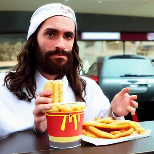 Image similar to jesus christ having his lunch break at mcdonalds, real photo