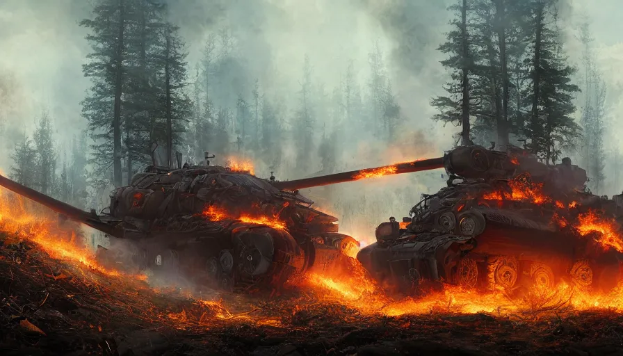 Image similar to Movie scene of a giant burning steampunk tank rolling on burning forest, hyperdetailed, artstation, cgsociety, 8k