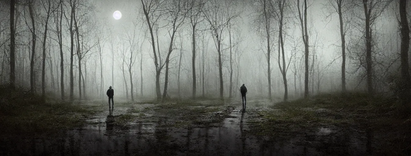 Prompt: portrait of man's terrified face, reflections in his eyes of wet forest, with menacing alien intruder, moonlight, horror atmosphere, postapo, dystopia style, heavy rain, reflections, high detail, horror dramatic moment, motion blur, dense ground fog, dark atmosphere, saturated colors, by darek zabrocki, render in unreal engine - h 7 0 4