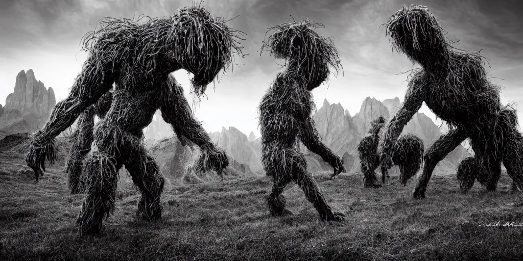 Image similar to photography of hay monsters, dancing, forest, dolomites, alpine, detailed intricate insanely detailed octane render, 8k artistic 1920s photography, photorealistic, black and white, chiaroscuro, hd, by David Cronenberg, Raphael, Caravaggio