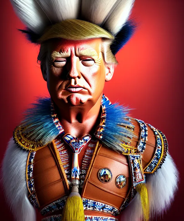 Prompt: hyperrealistic mixed media painting of Donald Trump as a Navajo doll, stunning 3d render inspired art by P. Craig Russell and Barry Windsor-Smith + perfect facial symmetry + dim volumetric lighting, ornate gothic armor, head and shoulders, d&d, arms crossed, serious expression, 8k octane beautifully detailed render, post-processing, extremely hyperdetailed, intricate, epic composition, grim yet sparkling atmosphere, cinematic lighting + masterpiece, trending on artstation, very very detailed, masterpiece, stunning