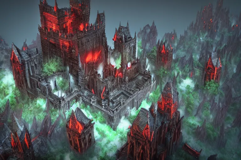 Image similar to big evil castle - city rock dark shadow elves, might and magic heroes vii, dark fantasy, shadows, artstation trending, unreal engine 5, red