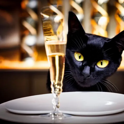 Prompt: a photo of a black cat drinking expensive champagne in a fancy dark bar