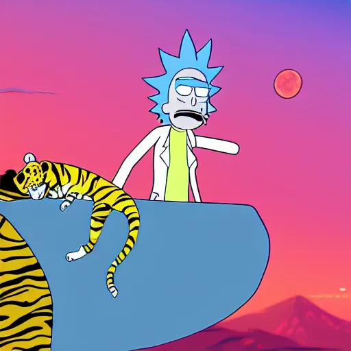 Image similar to Rick and Morty cartoon sleeping on a tiger. cinematic, dramatic lighting, trending on deviantart