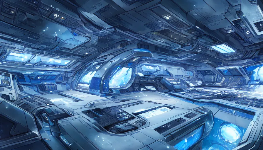 Prompt: Interior of a huge and bright blue and silver space base, hyperdetailed, artstation, cgsociety, 8k