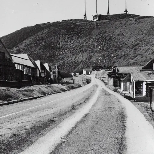 Prompt: a road next to warehouses, and a hill behind it with a radio tower on top