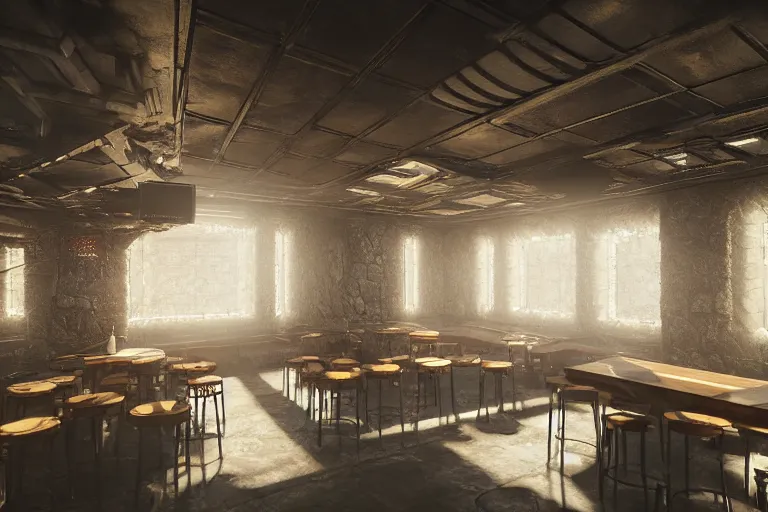 Prompt: ultra mega super hyper realistic Digital concept interior design of cyberpunk tavern with stone walls and neon lights many details by Hiromasa Ogura. Natural white sunlight from the transperient roof. Rendered in VRAY and DaVinci Resolve and MAXWELL and LUMION 3D, Volumetric natural light