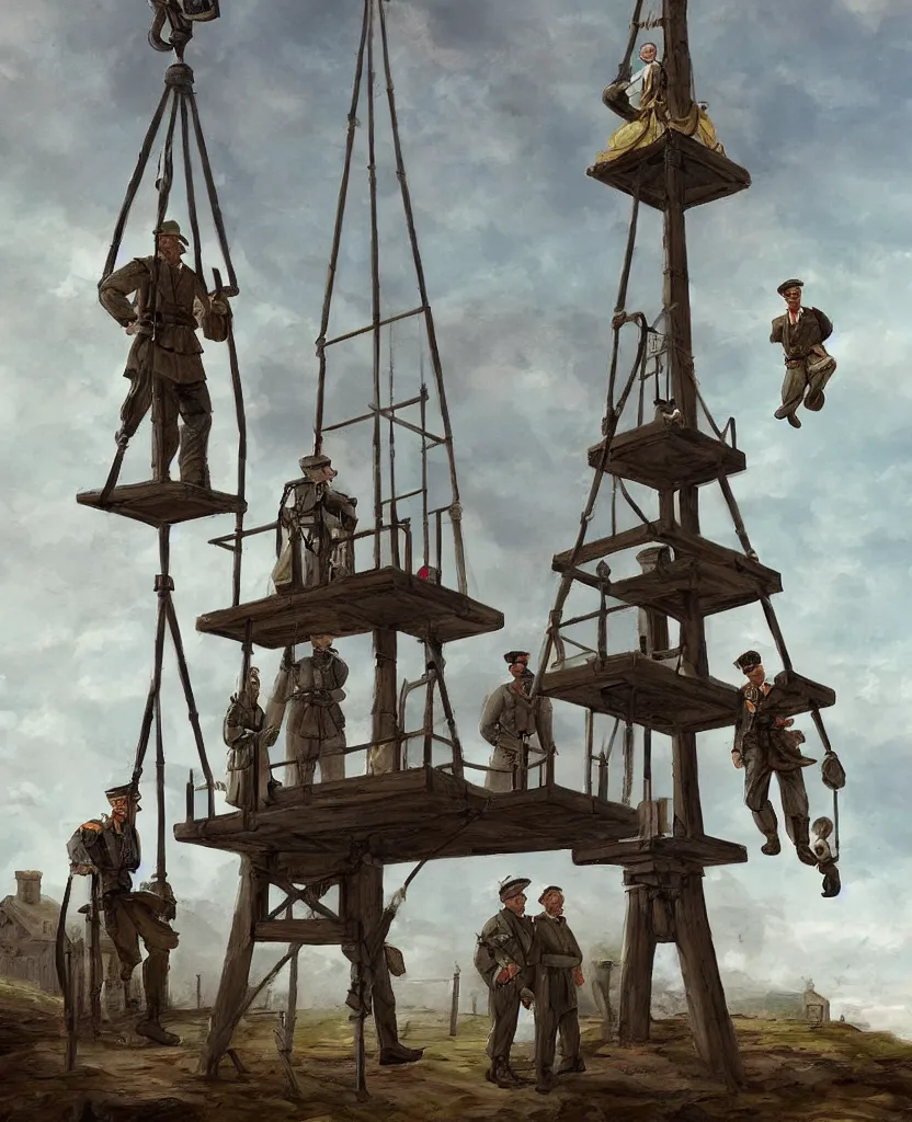 Image similar to 2 soldiers and executor and a convict standing next to a halifax gibbet on a raise platform, villagers looking on from below, concept art,