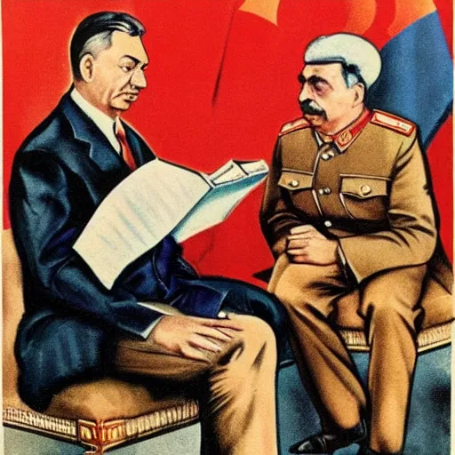 Prompt: hungarian prime minister viktor orban sitting on the knee of joseph stalin, soviet propaganda poster art from 1 9 5 0, highly detailed, colored