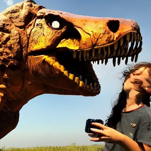 Image similar to T rex taking a selfie with asteroid in background