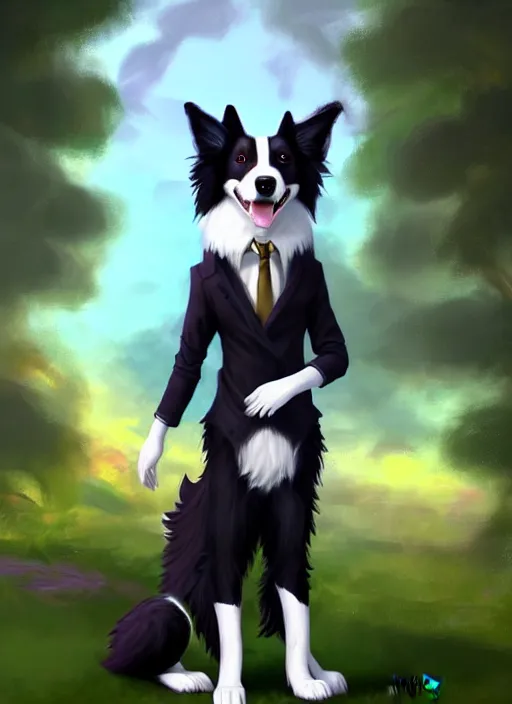 Image similar to full body digital painting of a cute male anthropomorphic border collie fursona wearing a jacket in front of a park, furaffinity, scenic background, intricate, elegant, beautiful, fantasy, highly detailed, trending on artstation, art by charlie bowater, henry asencio, and ross tran