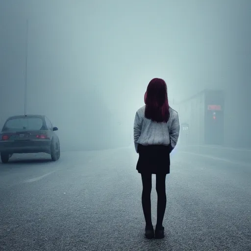 Image similar to photo of a real-life girl in a creepy foggy town