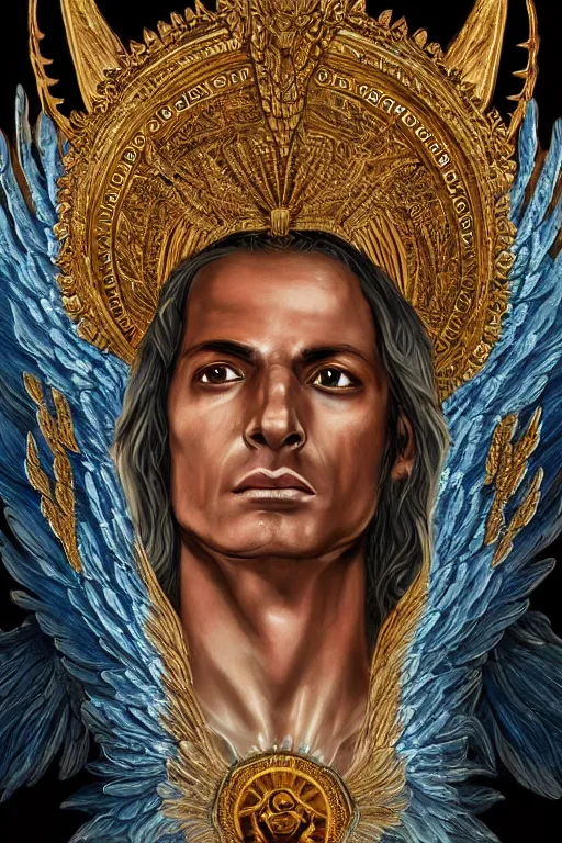 Image similar to a Chihuahua God with a radiant halo and wings, detailed face, gorgeous, flowing hair, very muscular male body, partial anatomy, stormy and grand war scene, delicate and intricate borders for decoration, caesar victorious, proud Emperor, split lighting, character close-up, intricate, highly detailed, 8K, digital painting, fantasy, concept art, sharp focus, art by greg rutkowski beeple and alphonse mucha