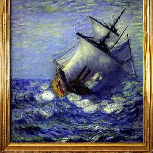 Image similar to large ship being tossed about in a fierce storm in the sea, dark, low light, terrifying, beautiful, monet painting