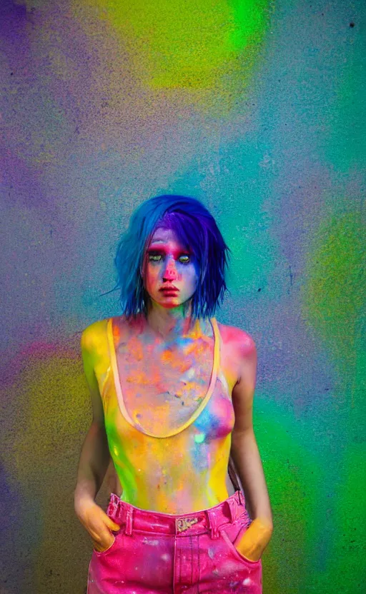 Image similar to grungy woman, rainbow hair, soft eyes and narrow chin, dainty figure, wet t-shirt, torn overalls, skimpy shorts, covered in neon paint, luminescent, Sony a7R IV, symmetric balance, polarizing filter, Photolab, Lightroom, 4K, Dolby Vision, Photography Award