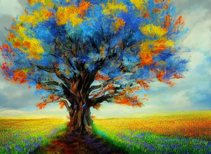Image similar to giant tree with blue leaves in the background reaching into the clouds, fields in foreground, magical, fantasy, digital art, colorful, divine, painting