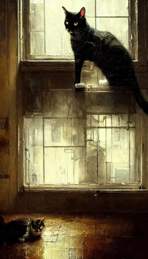 Prompt: a dramatic portrait of a cat inside a modern apartment, intricate oil painting, hyperdetailed, ethereal, cinematic, dramatic lighting, by jeremy mann and julius adam ii