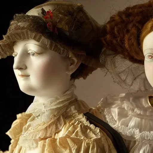 Image similar to close up portrait of a life size victorian female automaton standing with a child, 8 k, soft lighting, highly detailed realistic, face in focus 1 8 9 0's liminal