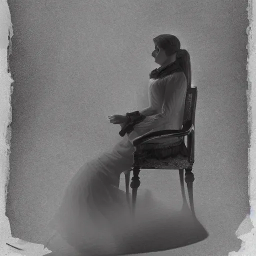 Prompt: concept art, 1 9 th century spirit photography, victorian woman in a chair, smoke ambient occlusion, torn photograph, photorealistic, highly detailed, 8 k