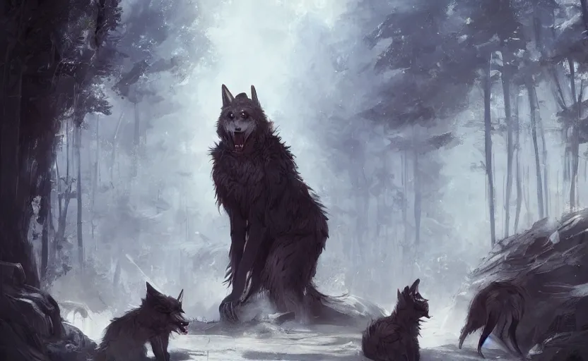 Image similar to A painting of cabbit finds himself surrounded by a clan of tribal werewolves trending on artstation in the style of Greg Rutkowski