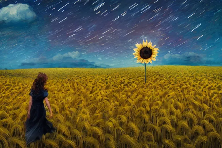 Image similar to giant sunflower as a head, girl walking in wheat field, hills, surreal photography, dark night, star trails, dramatic light, impressionist painting, clouds, digital painting, artstation, simon stalenhag