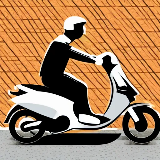 Image similar to delivery driver on moped delivering packages, extremely high quality, artistic rendering, cartoon, sharp, no blur, edited, white background