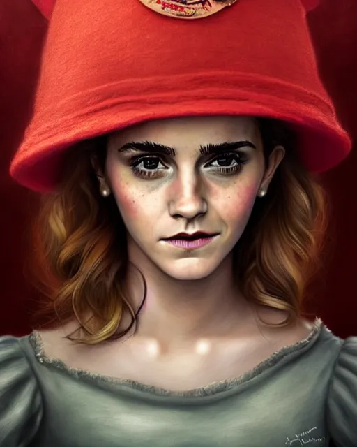 Prompt: highly detailed closeup, of emma watson, dressed in a red mushroom hat and clothes, full face view, on a battlefield, hyper realistic, psychedelic, illustration, nicoletta ceccoli, mark ryden, lostfish, dan decarlo, bob clampett, max fleischer, digital paint, matte paint, vivid colors, detailed and intricate environment