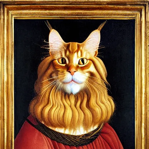 Image similar to beautiful renaissance painting portrait of ginger maine coon by sandro botticelli, jan van eyck, tiziano vecelli, piero della francesca