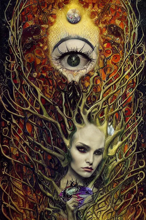 Image similar to Heart of Thorns by Karol Bak, Jean Deville, Gustav Klimt, and Vincent Van Gogh, Surreality, otherworldly, infernal enigma, Helliquary, fractal structures, celestial, arcane, ornate gilded medieval icon, third eye, spirals, dramatic sharp thorns, rich deep moody colors