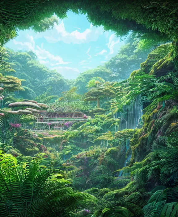 Image similar to an enormous conservatory, overgrown with huge weird ferns and exotic fungus, on an ocean cliff side, noon, sun drenched, partly cloudy, by dan mumford, yusuke murata, makoto shinkai, ross tran, cinematic, unreal engine, cel shaded, featured on artstation, pixiv