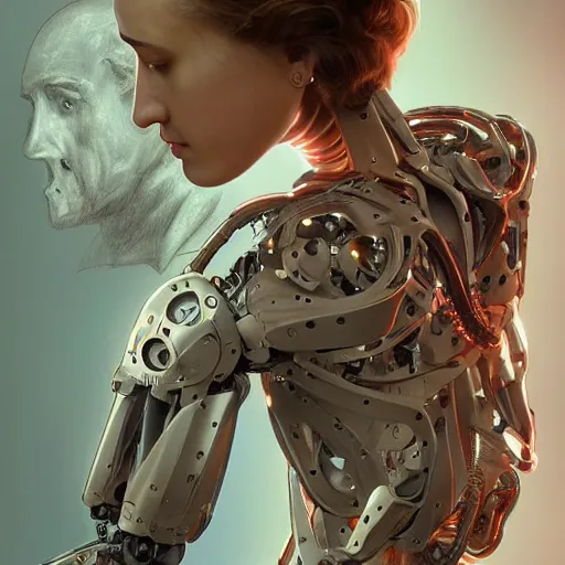 Image similar to a mad scientist creating the most advanced humanoid robot, Ex Machina (2014), intricate, highly detailed, digital painting, artstation, concept art, sharp focus, cinematic lighting, illustration, art by artgerm and greg rutkowski, alphonse mucha, cgsociety