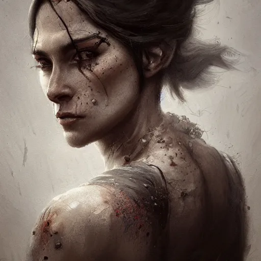 Image similar to portrait of a woman, gritty, gloomy, pain, gritty, sad, intricate, elegant, highly detailed, digital painting, artstation, concept art, matte, sharp focus, illustration, octane render, unreal engine, art by aenaluck and roberto ferri and greg rutkowski, epic fantasy, digital painting
