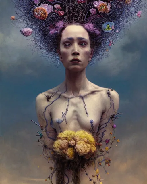 Prompt: A portrait of a woman wearing clothes made out of thunder clouds and flowers, apocalypse, nuclear explosion in the background, spiky skin, Masterpiece, glowing, wires everywhere, by Edgar Maxence and Ross Tran, Zdzisław Beksiński, and Michael Whelan, distant, gustav dore, H.R. Giger, 8k, octane render