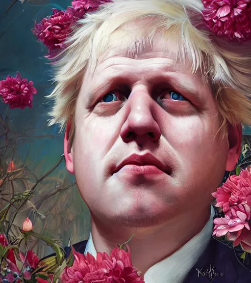 Image similar to portrait of boris johnson in 3 0 s, surrounded by flowers by karol bak, james jean, tom bagshaw, rococo, trending on artstation, cinematic lighting, hyper realism, octane render, 8 k, hyper detailed