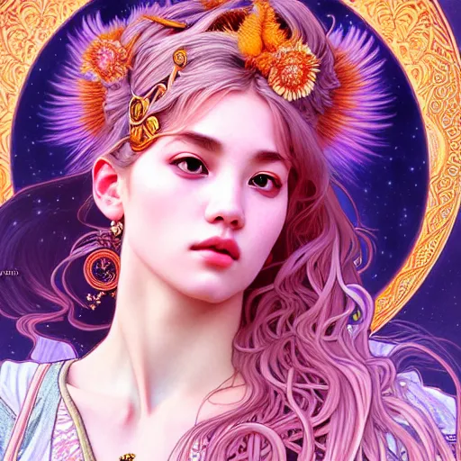 Image similar to portrait of jossi of blackpink, goddess of the moon, highly detailed, digital painting, smooth, sharp focus, illustration, ultra realistic, 8 k, art by artgerm and alphonse mucha