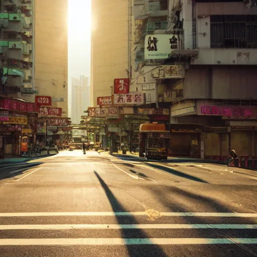 Image similar to a velociraptor walking through kowloon, hong kong. sunbeams, cinematic shot